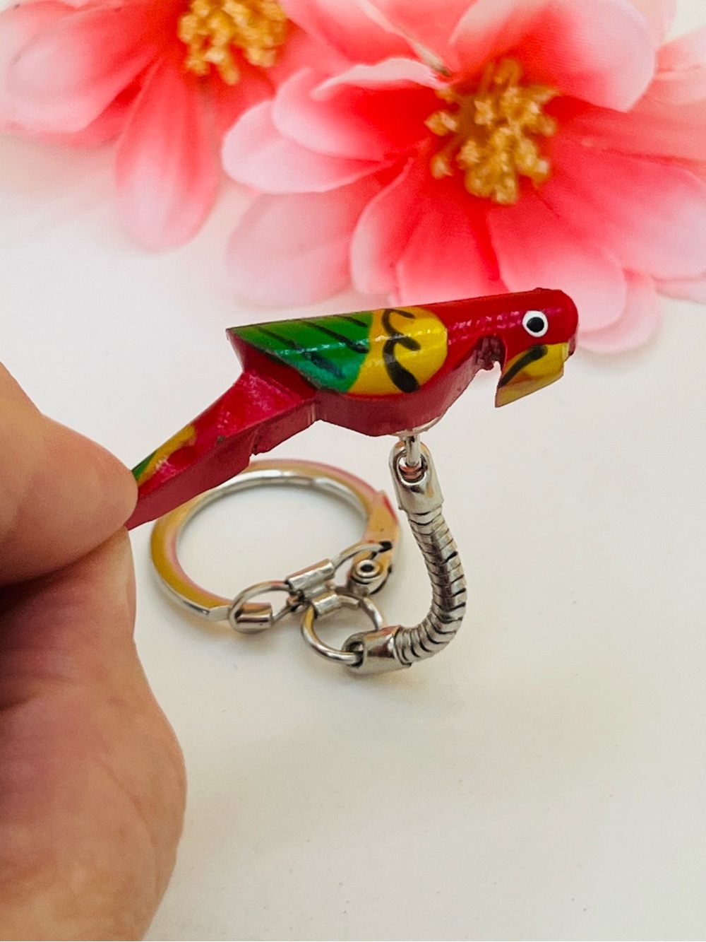 Hand-Painted Red Parrot Bird Keychain - Colorful purse Accessory